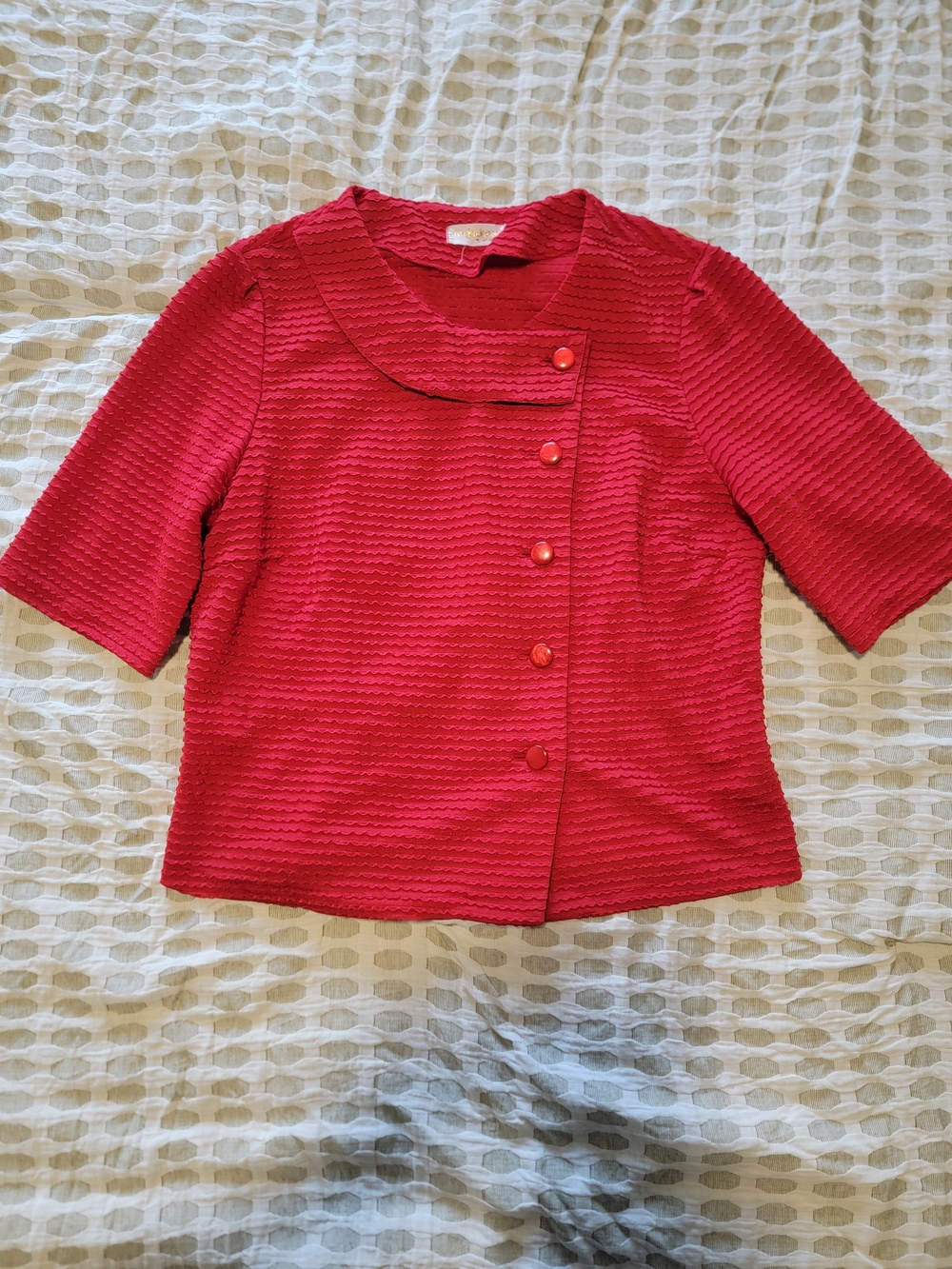 Textured Red Short-Sleeve Button-Front Blouse